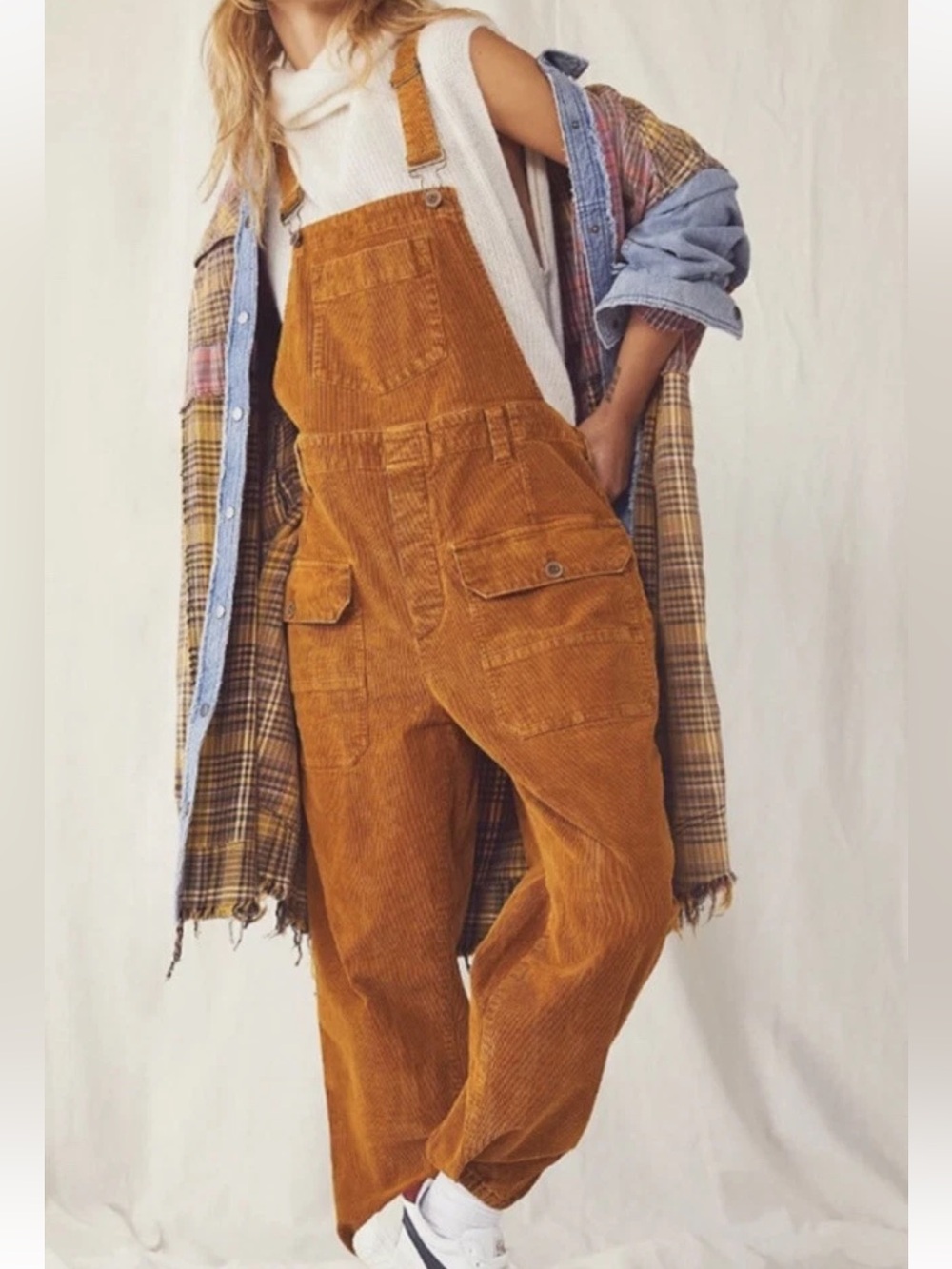 We The Free Iris Orange Brown Corduroy Utility Overalls Cargo Dungarees L